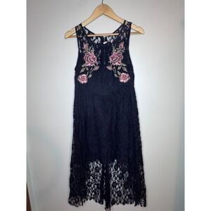 Free People Lace Embroidered Floral Midi Dress Black Sleeveless Size S